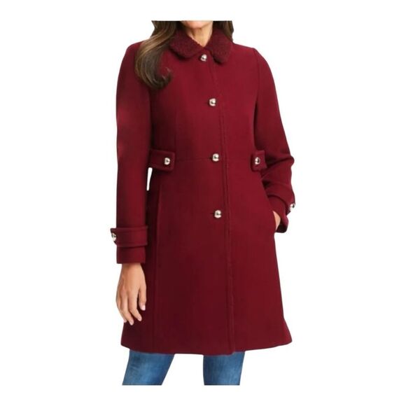 Kate Spade Faux Shearling Trim Lipstick Red Wool Blend Peacoat Size Large - Picture 2 of 14
